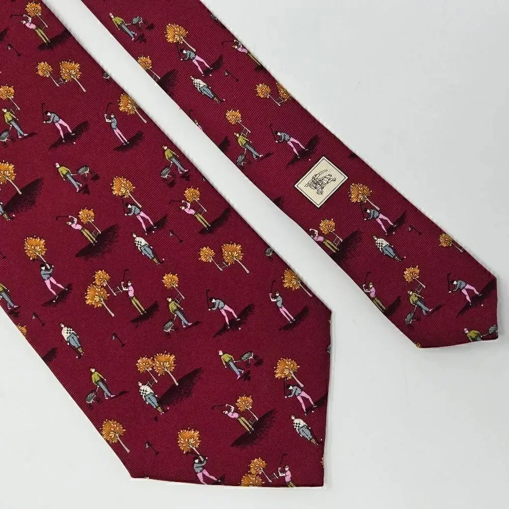 BURBERRY LONDON SILK TIE RED BURGUNDY AUTUMN FALL GOLF PATTERN 3.75